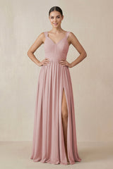 Chiffon A - Line Pleated Bridesmaid Dress in Dusty Rose - KissProm Bridesmaid Dresses
