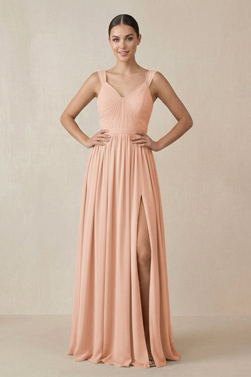 Chiffon A - Line Pleated Bridesmaid Dress in English Rose - KissProm Bridesmaid Dresses