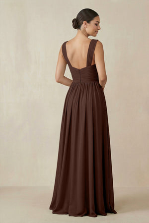 Chiffon A - Line Pleated Bridesmaid Dress in Espresso - KissProm Bridesmaid Dresses