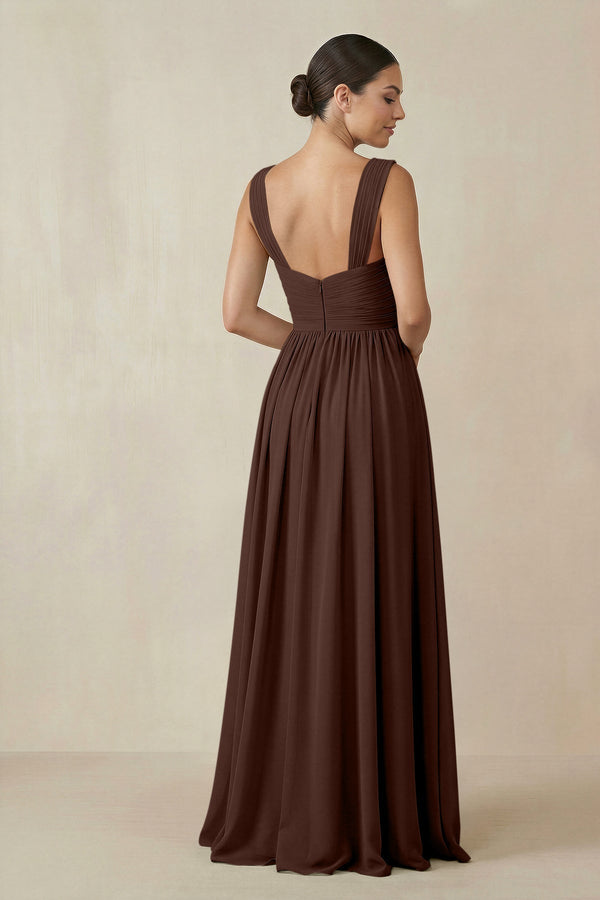 Chiffon A - Line Pleated Bridesmaid Dress in Espresso - KissProm Bridesmaid Dresses