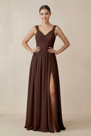Chiffon A - Line Pleated Bridesmaid Dress in Espresso - KissProm Bridesmaid Dresses