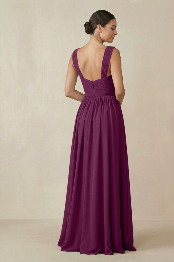 Chiffon A - Line Pleated Bridesmaid Dress in Fig - KissProm Bridesmaid Dresses