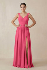 Chiffon A - Line Pleated Bridesmaid Dress in Fuchsia - KissProm Bridesmaid Dresses
