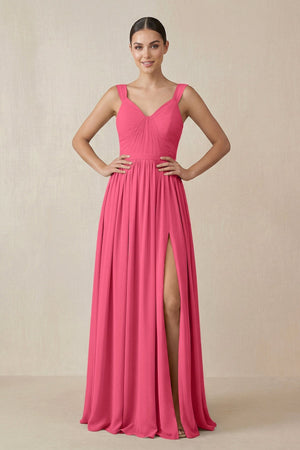Chiffon A - Line Pleated Bridesmaid Dress in Fuchsia - KissProm Bridesmaid Dresses
