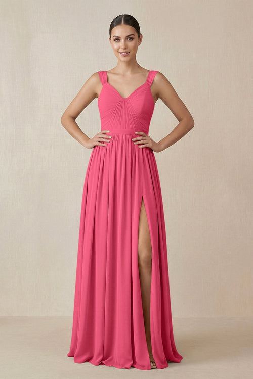 Chiffon A - Line Pleated Bridesmaid Dress in Fuchsia - KissProm Bridesmaid Dresses