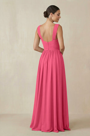 Chiffon A - Line Pleated Bridesmaid Dress in Fuchsia - KissProm Bridesmaid Dresses
