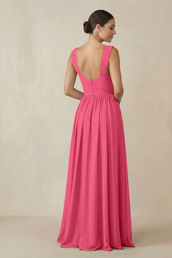 Chiffon A - Line Pleated Bridesmaid Dress in Fuchsia - KissProm Bridesmaid Dresses