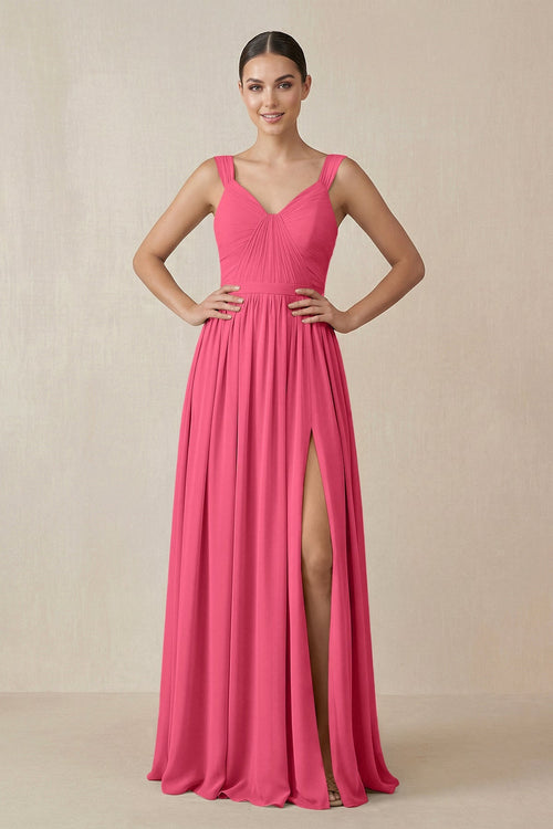 Chiffon A - Line Pleated Bridesmaid Dress in Fuchsia - KissProm Bridesmaid Dresses