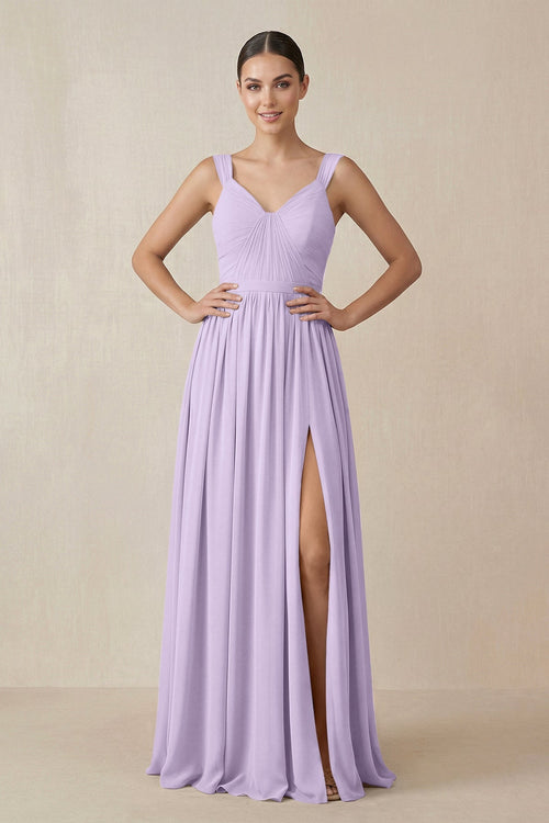 Chiffon A - Line Pleated Bridesmaid Dress in Lavender - KissProm Bridesmaid Dresses