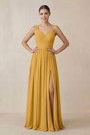 Chiffon A - Line Pleated Bridesmaid Dress in Marigold - KissProm Bridesmaid Dresses