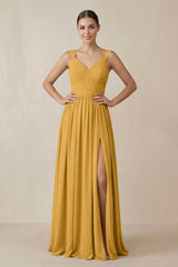 Chiffon A - Line Pleated Bridesmaid Dress in Marigold - KissProm Bridesmaid Dresses