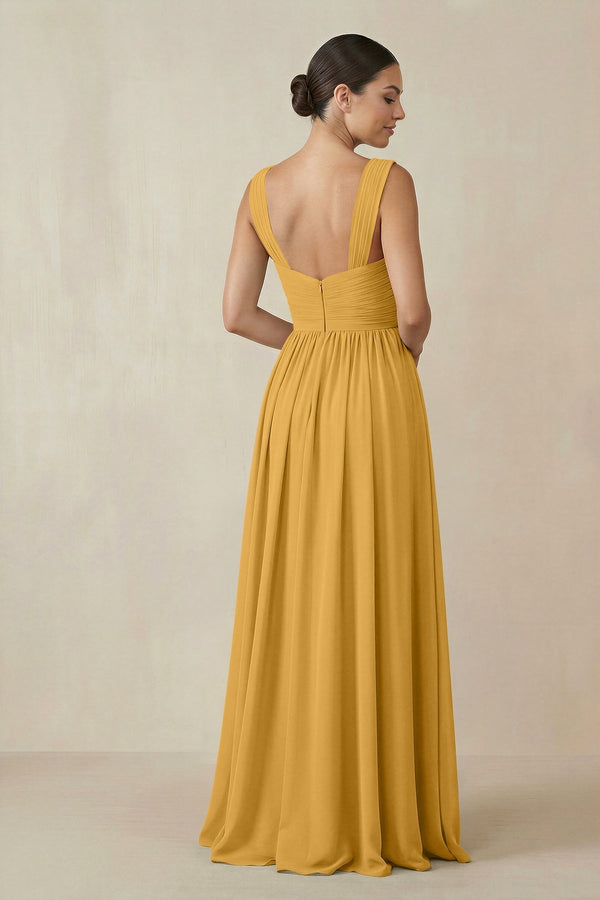 Chiffon A - Line Pleated Bridesmaid Dress in Marigold - KissProm Bridesmaid Dresses