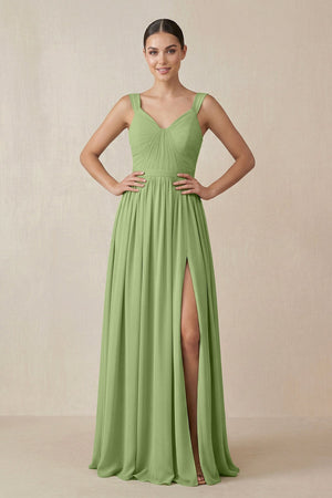 Chiffon A - Line Pleated Bridesmaid Dress in Matcha - KissProm Bridesmaid Dresses
