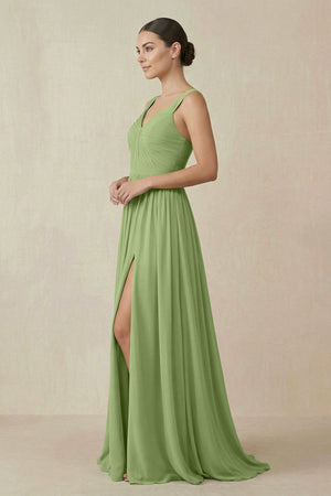 Chiffon A - Line Pleated Bridesmaid Dress in Matcha - KissProm Bridesmaid Dresses