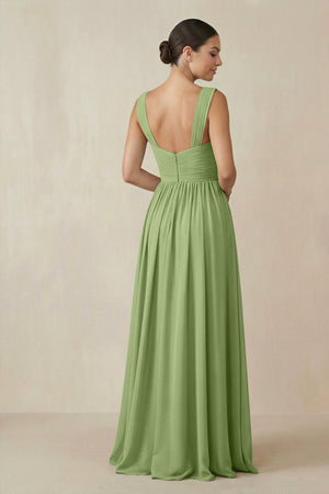 Chiffon A - Line Pleated Bridesmaid Dress in Matcha - KissProm Bridesmaid Dresses