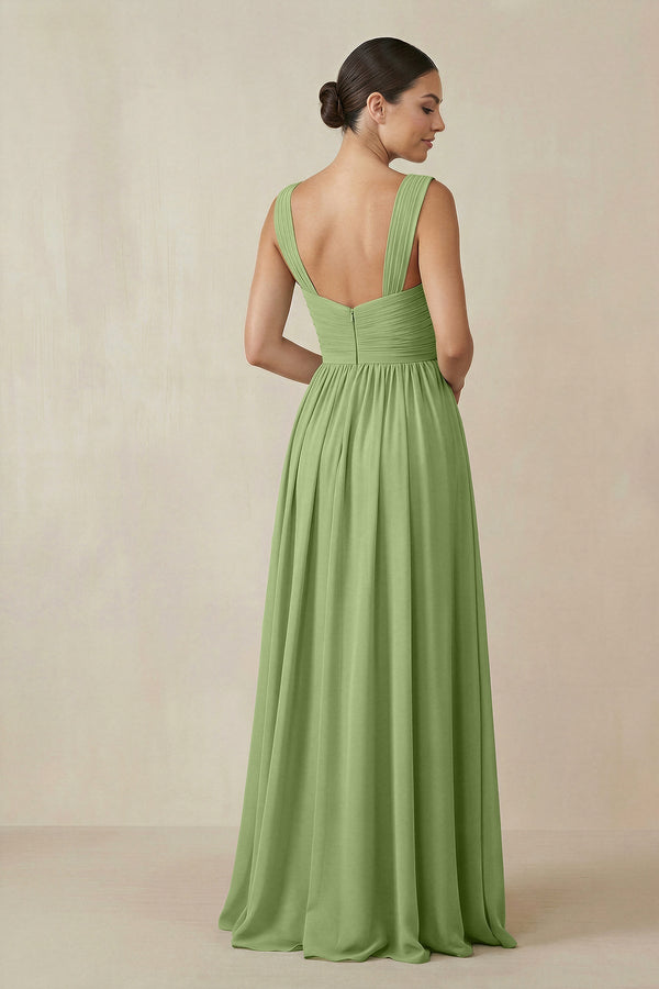 Chiffon A - Line Pleated Bridesmaid Dress in Matcha - KissProm Bridesmaid Dresses
