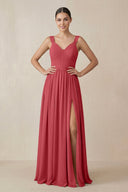 Chiffon A - Line Pleated Bridesmaid Dress in Merlot - KissProm Bridesmaid Dresses