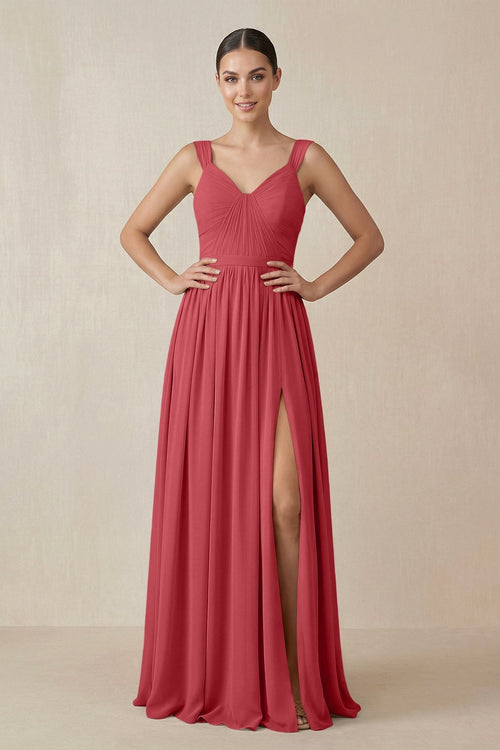 Chiffon A - Line Pleated Bridesmaid Dress in Merlot - KissProm Bridesmaid Dresses