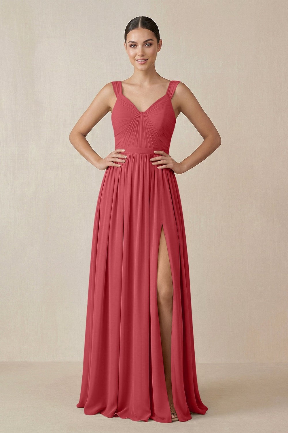 Chiffon A - Line Pleated Bridesmaid Dress in Merlot - KissProm Bridesmaid Dresses