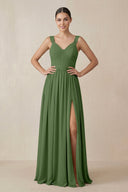 Chiffon A - Line Pleated Bridesmaid Dress in Moss - KissProm Bridesmaid Dresses