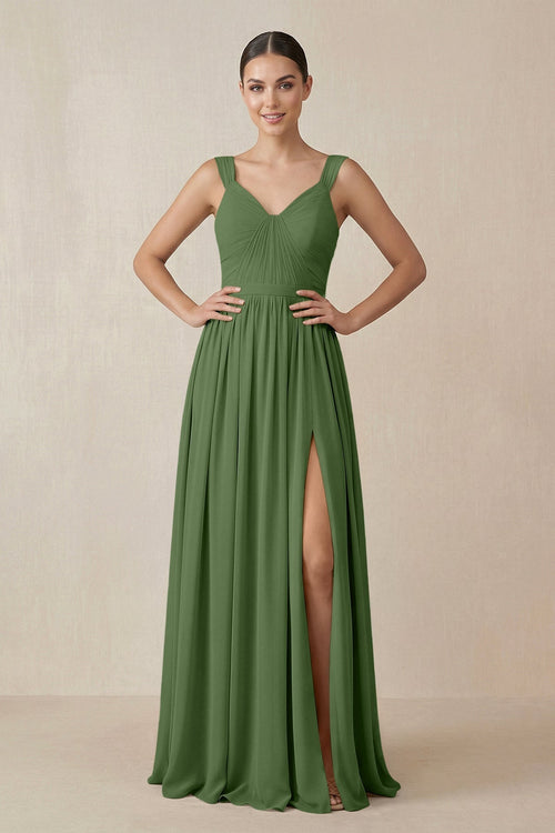 Chiffon A - Line Pleated Bridesmaid Dress in Moss - KissProm Bridesmaid Dresses