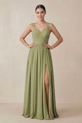 Chiffon A - Line Pleated Bridesmaid Dress in Moss Green - KissProm Bridesmaid Dresses