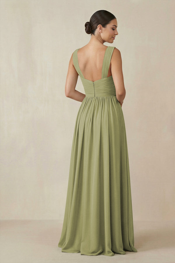 Chiffon A - Line Pleated Bridesmaid Dress in Moss Green - KissProm Bridesmaid Dresses