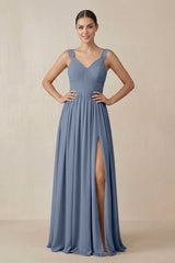 Chiffon A - Line Pleated Bridesmaid Dress in Neptune - KissProm Bridesmaid Dresses