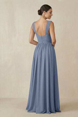 Chiffon A - Line Pleated Bridesmaid Dress in Neptune - KissProm Bridesmaid Dresses