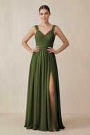 Chiffon A - Line Pleated Bridesmaid Dress in Olive - KissProm Bridesmaid Dresses