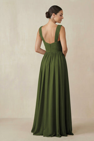 Chiffon A - Line Pleated Bridesmaid Dress in Olive - KissProm Bridesmaid Dresses