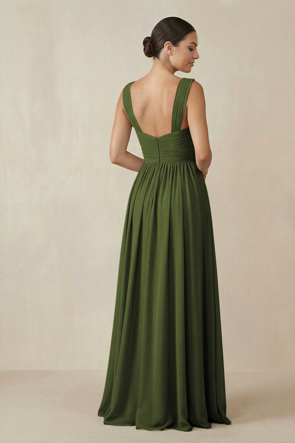 Chiffon A - Line Pleated Bridesmaid Dress in Olive - KissProm Bridesmaid Dresses