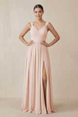 Chiffon A - Line Pleated Bridesmaid Dress in Pale Blush - KissProm Bridesmaid Dresses