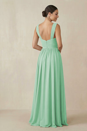 Chiffon A - Line Pleated Bridesmaid Dress in Pale Pistachio - KissProm Bridesmaid Dresses