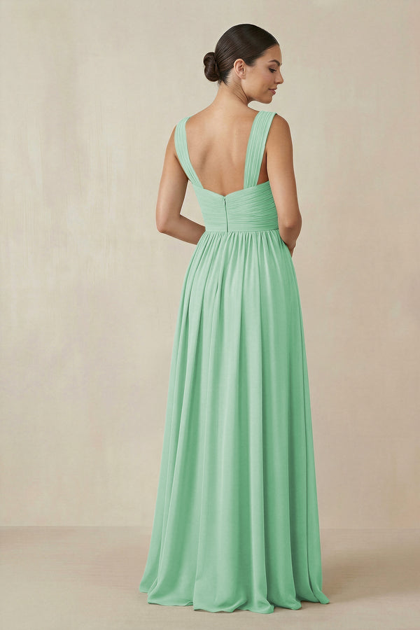 Chiffon A - Line Pleated Bridesmaid Dress in Pale Pistachio - KissProm Bridesmaid Dresses