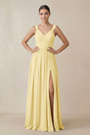 Chiffon A - Line Pleated Bridesmaid Dress in Pastel Yellow - KissProm Bridesmaid Dresses