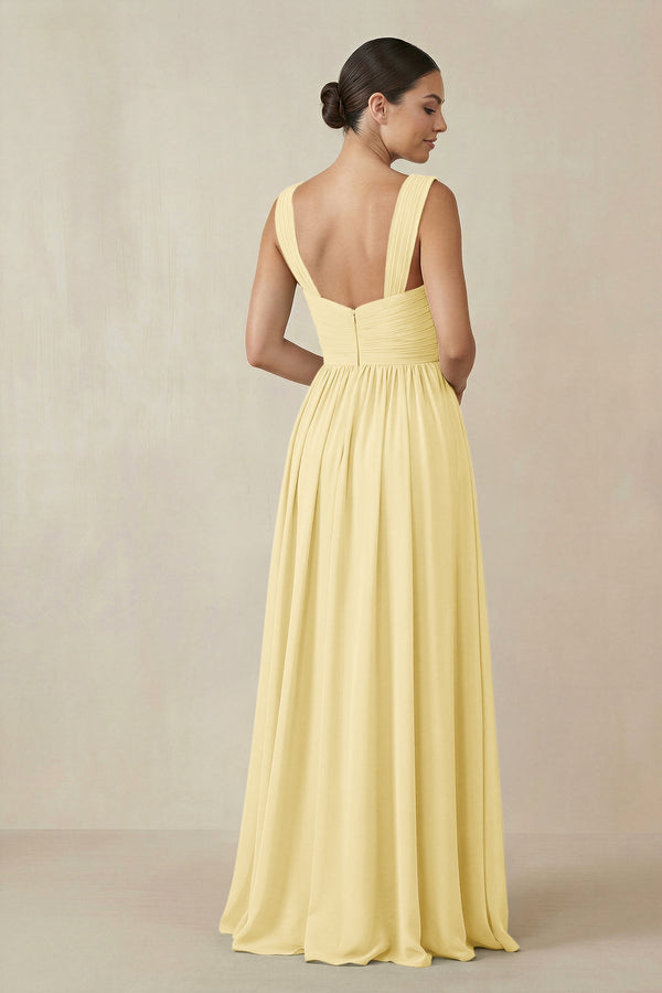 Chiffon A - Line Pleated Bridesmaid Dress in Pastel Yellow - KissProm Bridesmaid Dresses