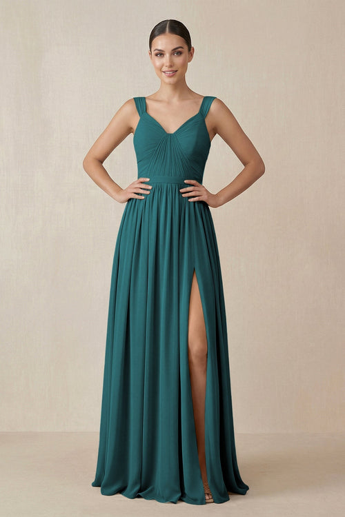 Chiffon A - Line Pleated Bridesmaid Dress in Pine - KissProm Bridesmaid Dresses