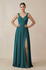 Chiffon A - Line Pleated Bridesmaid Dress in Pine - KissProm Bridesmaid Dresses