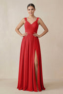 Chiffon A - Line Pleated Bridesmaid Dress in Ruby Red - KissProm Bridesmaid Dresses
