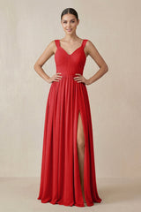 Chiffon A - Line Pleated Bridesmaid Dress in Ruby Red - KissProm Bridesmaid Dresses