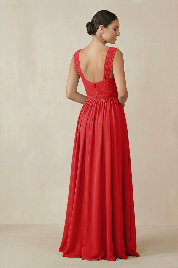 Chiffon A - Line Pleated Bridesmaid Dress in Ruby Red - KissProm Bridesmaid Dresses