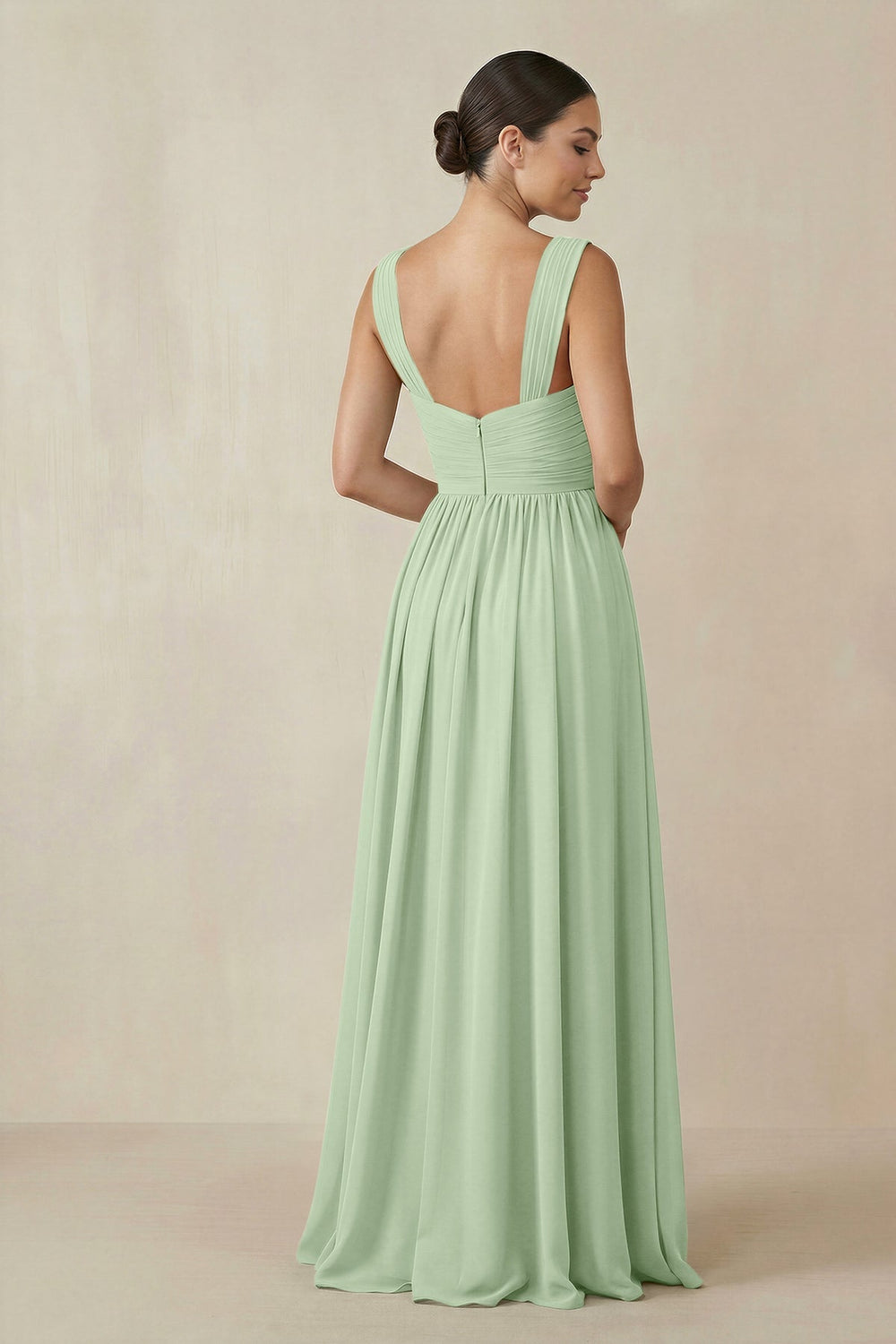 Chiffon A - Line Pleated Bridesmaid Dress in Sage - KissProm Bridesmaid Dresses