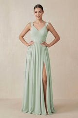 Chiffon A - Line Pleated Bridesmaid Dress in Sage - KissProm Bridesmaid Dresses