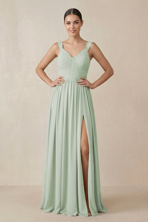 Chiffon A - Line Pleated Bridesmaid Dress in Sage - KissProm Bridesmaid Dresses