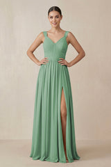 Chiffon A - Line Pleated Bridesmaid Dress in Sea Glass - KissProm Bridesmaid Dresses