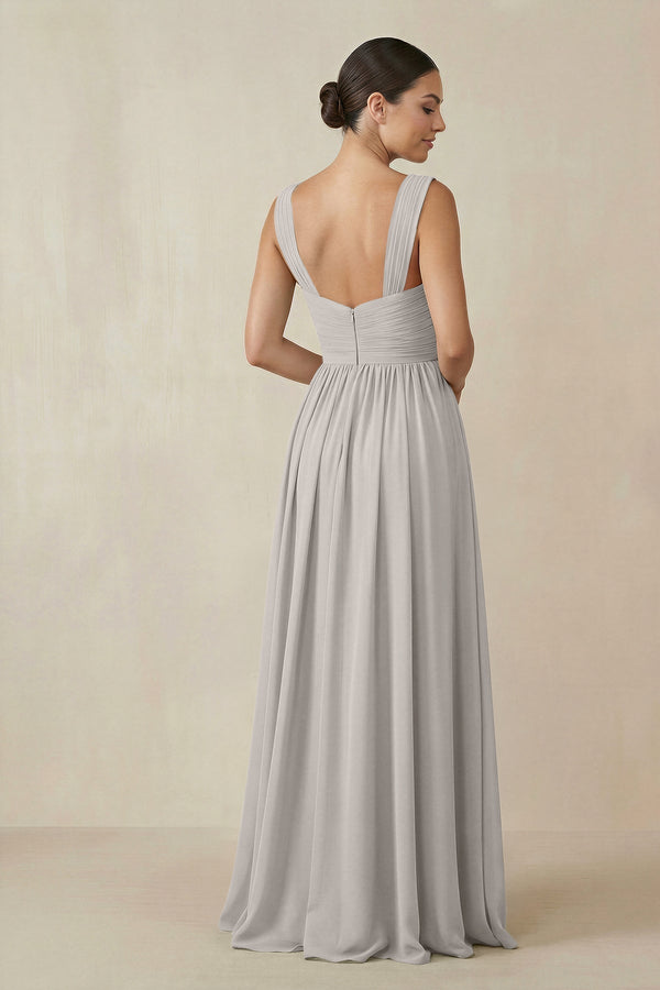 Chiffon A - Line Pleated Bridesmaid Dress in Silver - KissProm Bridesmaid Dresses