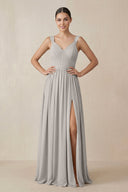 Chiffon A - Line Pleated Bridesmaid Dress in Silver - KissProm Bridesmaid Dresses