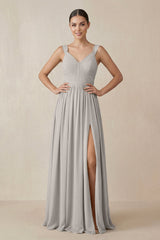 Chiffon A - Line Pleated Bridesmaid Dress in Silver - KissProm Bridesmaid Dresses