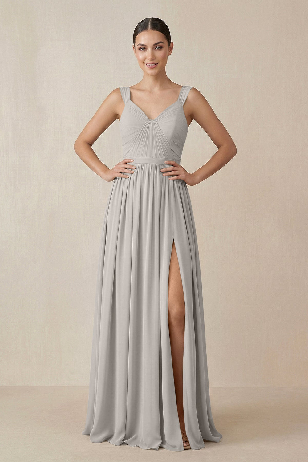 Chiffon A - Line Pleated Bridesmaid Dress in Silver - KissProm Bridesmaid Dresses